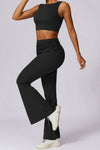 PACK2611657-P2-1, Black Backless Active Tank Top and Ruched Waist Flare Pants Set