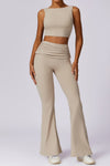 PACK2611657-P15-1, Beige Backless Active Tank Top and Ruched Waist Flare Pants Set