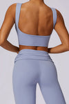 PACK2611657-P304-1, Sky Blue Backless Active Tank Top and Ruched Waist Flare Pants Set