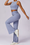 PACK2611657-P304-1, Sky Blue Backless Active Tank Top and Ruched Waist Flare Pants Set