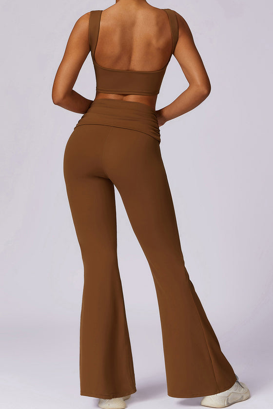 PACK2611657-P1017-1, Coffee Backless Active Tank Top and Ruched Waist Flare Pants Set