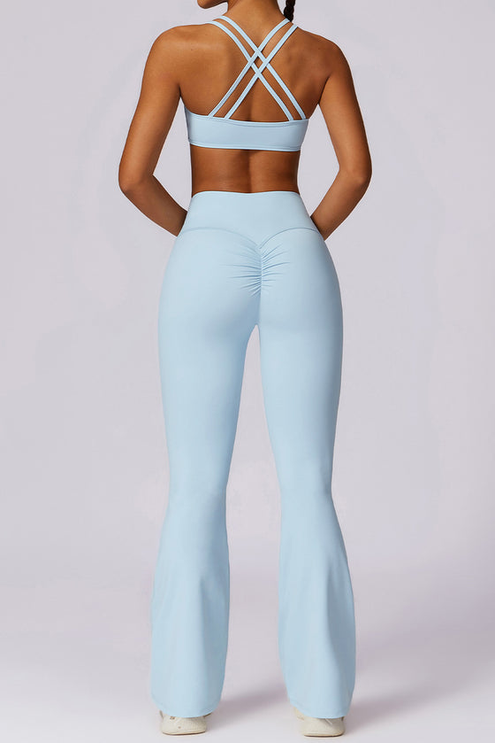 PACK265562-P204-1, Mist Blue Solid Color High Waist Active Sports Flare Pants