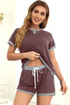 PACK15972-P3017-1, Red Sandalwood Color Block Short Sleeve Top and Drawstring Shorts Set
