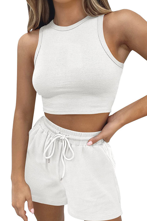 PACK2611664-P1-1, White Waffle Knit Tank Top and Sports Shorts Two Piece Set