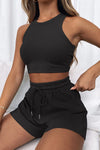 PACK2611664-P2-1, Black Waffle Knit Tank Top and Sports Shorts Two Piece Set