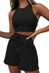 PACK2611664-P2-1, Black Waffle Knit Tank Top and Sports Shorts Two Piece Set