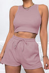 PACK2611664-P1410-1, Fushia Waffle Knit Tank Top and Sports Shorts Two Piece Set