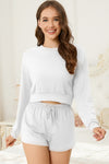 PACK15974-P1-1, White Cropped Long Sleeve Top Drawstring Shorts Lounge Set