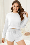 PACK15974-P1-1, White Cropped Long Sleeve Top Drawstring Shorts Lounge Set