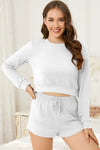 PACK15974-P1-1, White Cropped Long Sleeve Top Drawstring Shorts Lounge Set