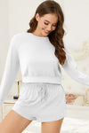 PACK15974-P1-1, White Cropped Long Sleeve Top Drawstring Shorts Lounge Set