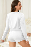 PACK15974-P1-1, White Cropped Long Sleeve Top Drawstring Shorts Lounge Set