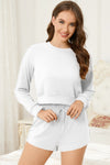 PACK15974-P1-1, White Cropped Long Sleeve Top Drawstring Shorts Lounge Set