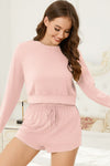 PACK15974-P1010-1, Light Pink Cropped Long Sleeve Top Drawstring Shorts Lounge Set