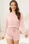 PACK15974-P1010-1, Light Pink Cropped Long Sleeve Top Drawstring Shorts Lounge Set