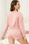 PACK15974-P1010-1, Light Pink Cropped Long Sleeve Top Drawstring Shorts Lounge Set