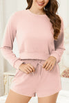 PACK15974-P1010-1, Light Pink Cropped Long Sleeve Top Drawstring Shorts Lounge Set