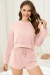 PACK15974-P1010-1, Light Pink Cropped Long Sleeve Top Drawstring Shorts Lounge Set