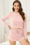 PACK15974-P1010-1, Light Pink Cropped Long Sleeve Top Drawstring Shorts Lounge Set