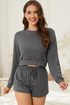 PACK15974-P2011-1, Dark Grey Cropped Long Sleeve Top Drawstring Shorts Lounge Set