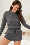 PACK15974-P2011-1, Dark Grey Cropped Long Sleeve Top Drawstring Shorts Lounge Set