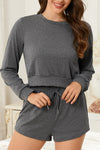 PACK15974-P2011-1, Dark Grey Cropped Long Sleeve Top Drawstring Shorts Lounge Set
