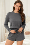 PACK15974-P2011-1, Dark Grey Cropped Long Sleeve Top Drawstring Shorts Lounge Set