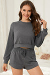 PACK15974-P2011-1, Dark Grey Cropped Long Sleeve Top Drawstring Shorts Lounge Set