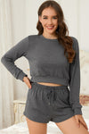 PACK15974-P2011-1, Dark Grey Cropped Long Sleeve Top Drawstring Shorts Lounge Set