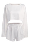 PACK626219-P1-1, White Stylish Eyelet Texture Long Sleeve 2pcs Shorts Set