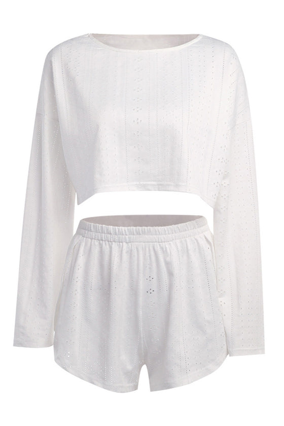 PACK626219-P1-1, White Stylish Eyelet Texture Long Sleeve 2pcs Shorts Set