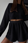 PACK626219-P2-1, Black Stylish Eyelet Texture Long Sleeve 2pcs Shorts Set