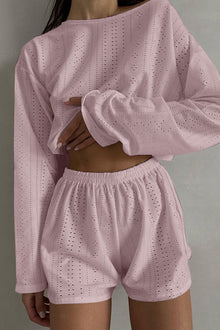  PACK626219-P1010-1, Light Pink Stylish Eyelet Texture Long Sleeve 2pcs Shorts Set