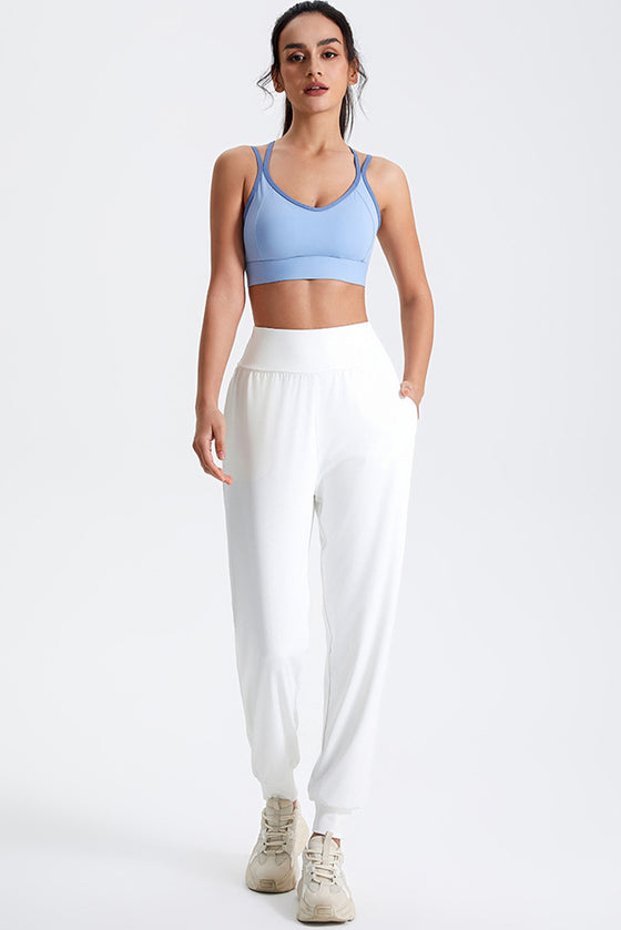 PACK265564-P1-1, White Solid Color High Waist Side Pockets Active Joggers