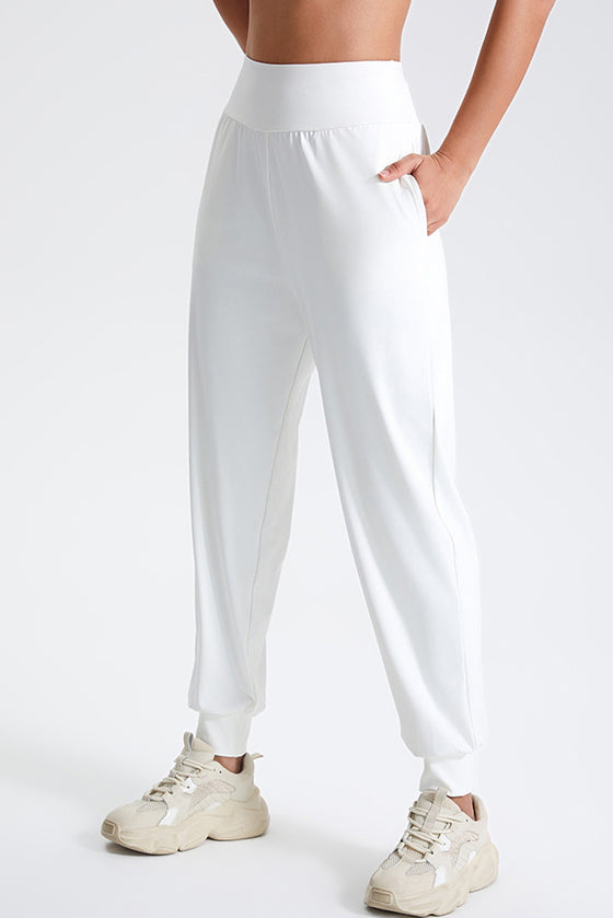 PACK265564-P1-1, White Solid Color High Waist Side Pockets Active Joggers