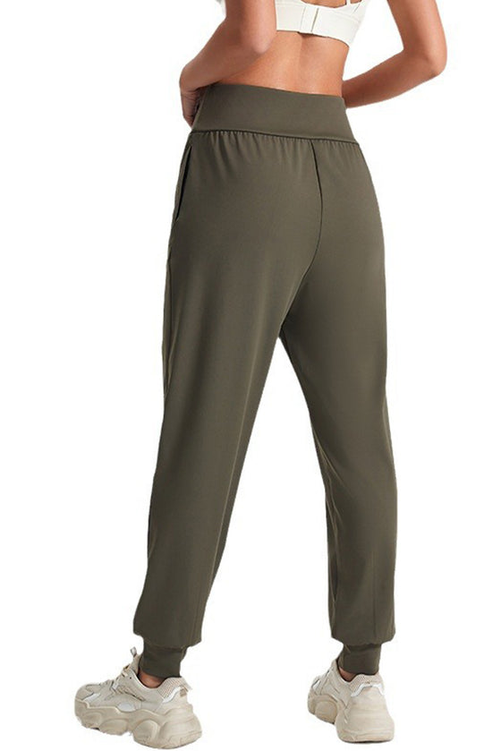 PACK265564-P1609-1, Moss Green Solid Color High Waist Side Pockets Active Joggers