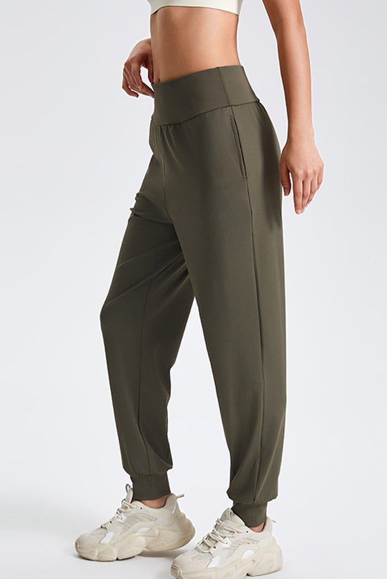 PACK265564-P1609-1, Moss Green Solid Color High Waist Side Pockets Active Joggers