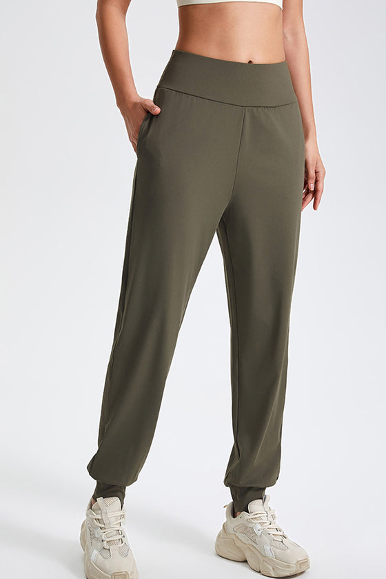 PACK265564-P1609-1, Moss Green Solid Color High Waist Side Pockets Active Joggers