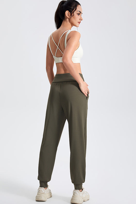 PACK265564-P1609-1, Moss Green Solid Color High Waist Side Pockets Active Joggers