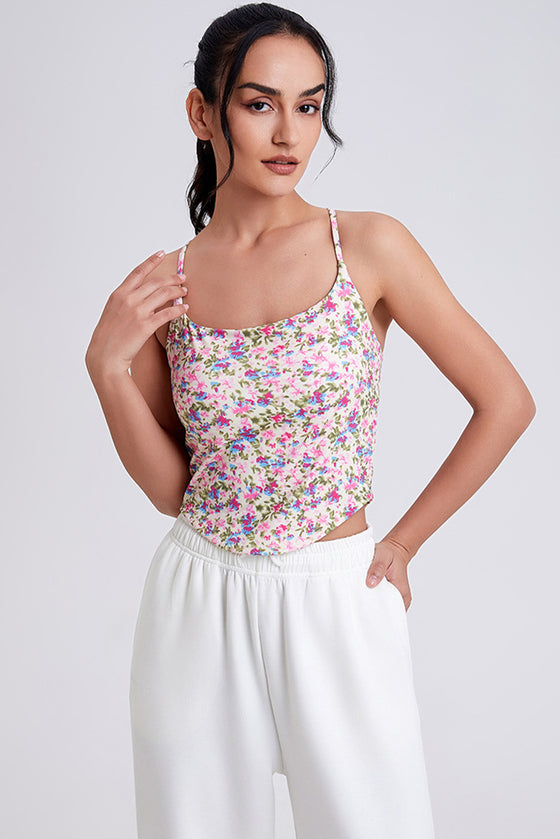 PACK264791-P120-1, White Solid/Floral Spaghetti Straps U Neck Active Tank Top