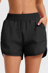 PACK265568-P2-1, Black Solid Color Elastic Waist Fake Two Piece Active Shorts