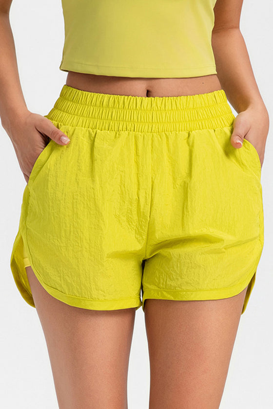 PACK265568-P7-1, Yellow Solid Color Elastic Waist Fake Two Piece Active Shorts