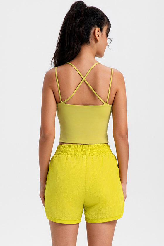 PACK265568-P7-1, Yellow Solid Color Elastic Waist Fake Two Piece Active Shorts