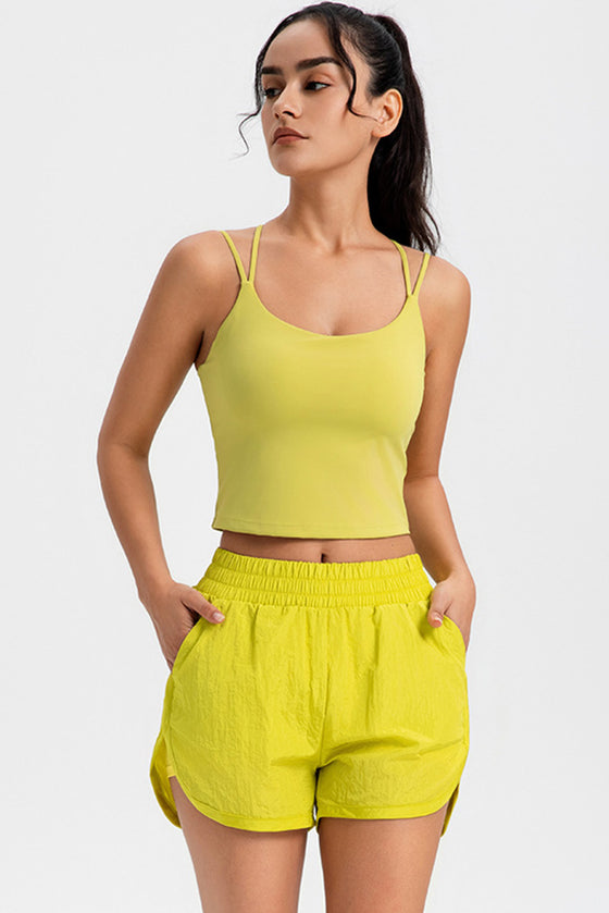 PACK265568-P7-1, Yellow Solid Color Elastic Waist Fake Two Piece Active Shorts