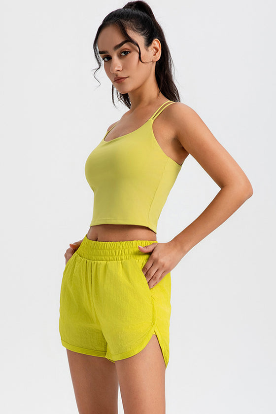 PACK265568-P7-1, Yellow Solid Color Elastic Waist Fake Two Piece Active Shorts
