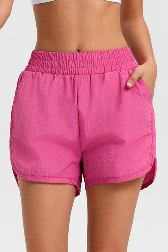 PACK265568-P106-1, Bright Pink Solid Color Elastic Waist Fake Two Piece Active Shorts