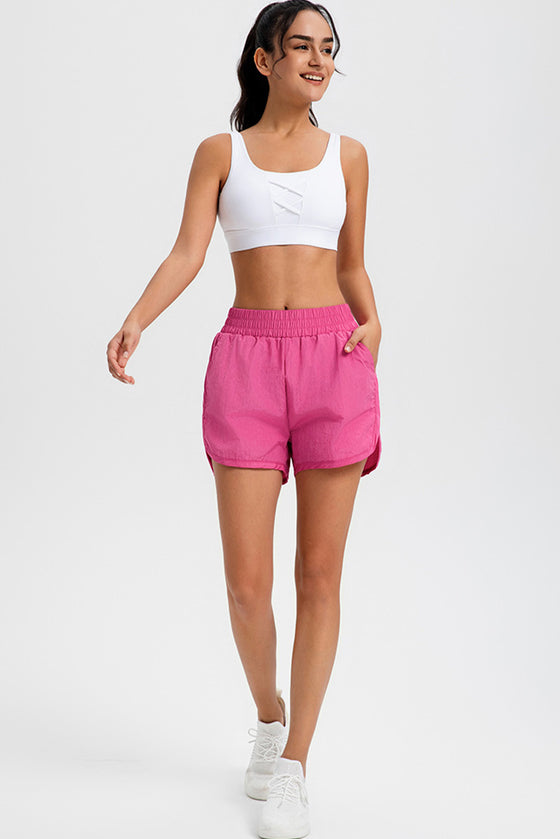 PACK265568-P106-1, Bright Pink Solid Color Elastic Waist Fake Two Piece Active Shorts