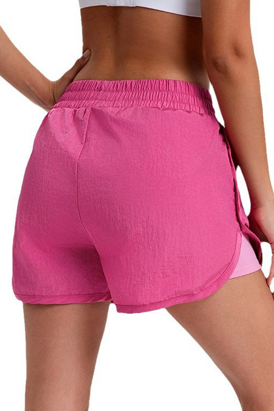 PACK265568-P106-1, Bright Pink Solid Color Elastic Waist Fake Two Piece Active Shorts
