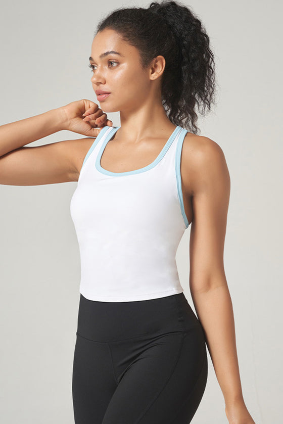 PACK264792-P1-1, White Sleeveless Color Block Trim Racerback Active Tank Top