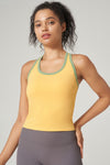 PACK264792-P107-1, Yellow Cream Sleeveless Color Block Trim Racerback Active Tank Top